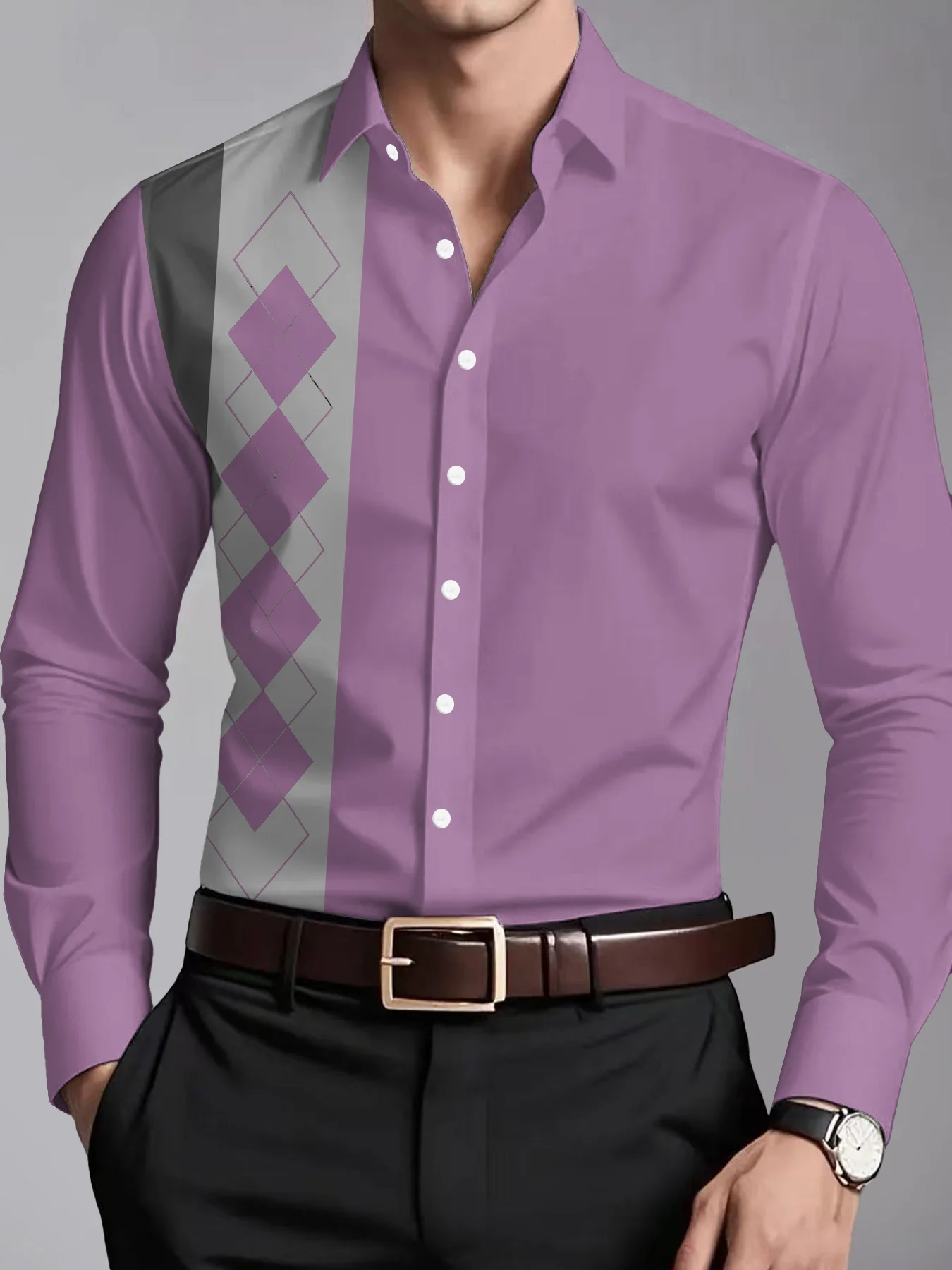 Men's Shirt Long Sleeve Purple Argyle Splice Print Turn‑Down Collar Button Front Loose Casual Autumn Streetwear Top Men Clothes