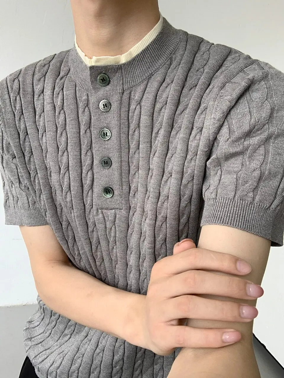 Summer Design Sense Henry Neck Cashmere Knitted Short Sleeve T-shirt Men's Minority Half Sleeve Button Bottom Shirt