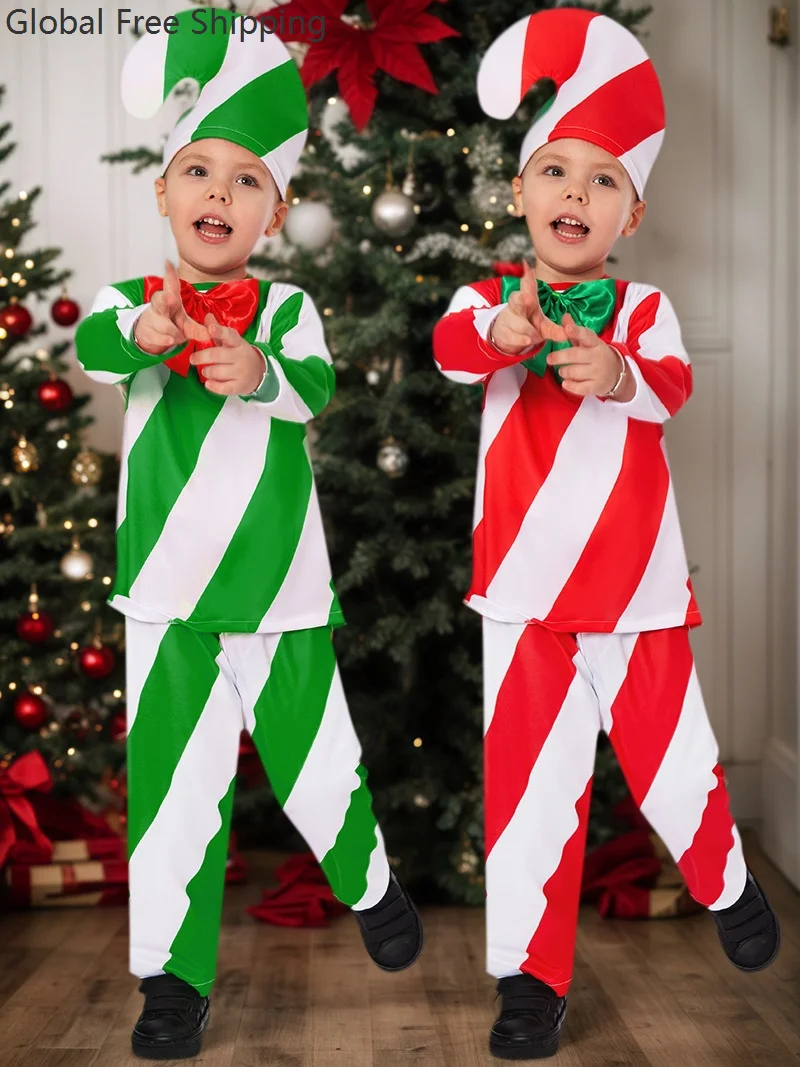 

Christmas Candy Cane Children's Role Play Costume Boys Christmas Colorful Striped Clothes Holiday Party Stage Performance Set