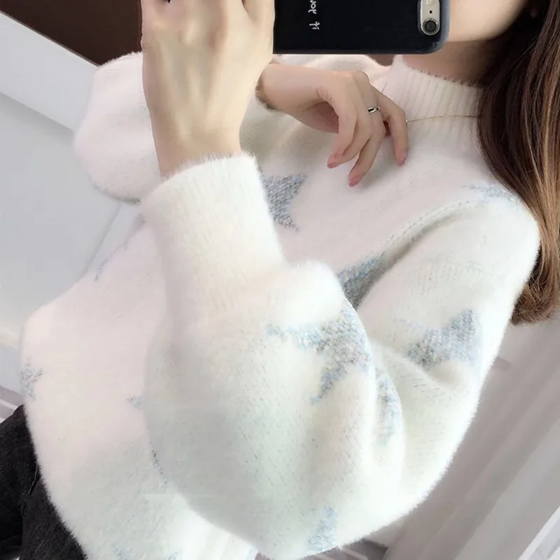 Y2k Star High Neck Sweater Fashion Chic Plush Thickness Knitwear Pull Femmes 2000s Aesthetic Pullover Outerwear Korean Style Top