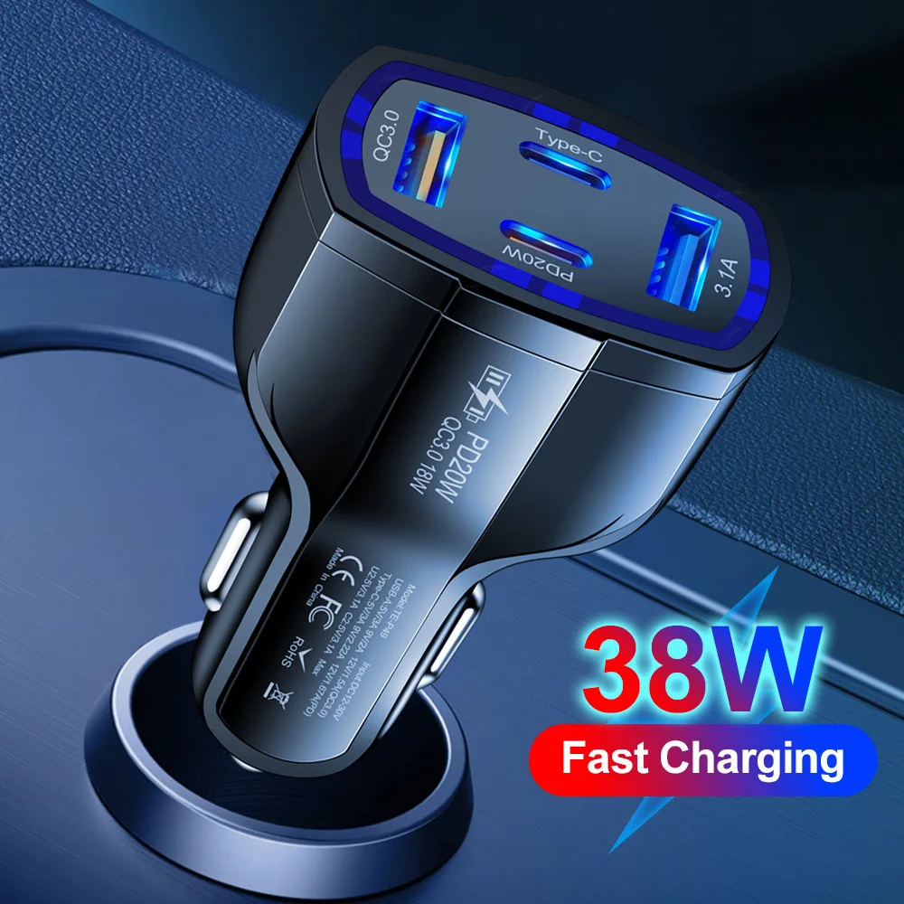 

38W Car Power Adapter PD20W Car Charger 4 in 1 Car Quick Charger QC3.0 18W 2USB+2PD USB Tyoe C For iPhone Series For Huawei
