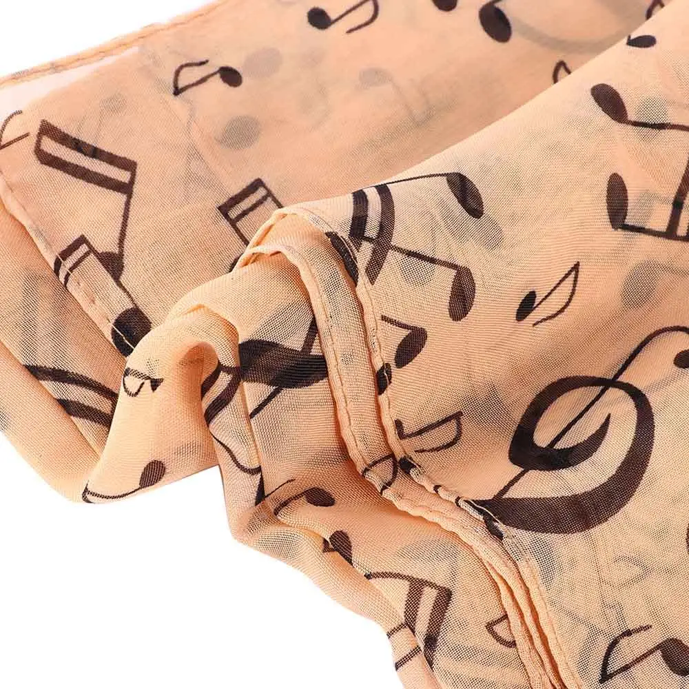 Syal Leher Wanita Motif Treble Clef Empat Musim yang Trendi, Syal Bermotif Not Musik, Selendang Sifon Sutra, Muffler
