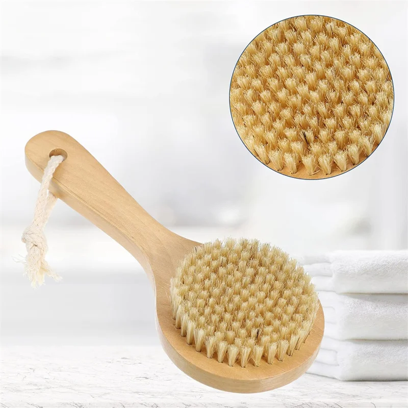 Brosse de douche de massage corporel en bois expansive, crinière de over, poils de cheval, tête ronde, brosse à récurer, soins de la peau, support, brosse sèche