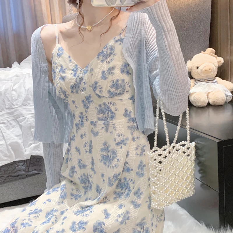 2023 Spring Summer Women Elegant Dress Suit Blue Long Sleeve Thin Cardigans+Sexy Floral Print Long Sling Dress Two-piece Female