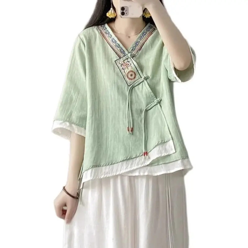 Fashion Button Embroidered Ethnic Style Shirt Short Sleeve Loose Cotton Linen Retro Top Traditional Chinese Clothing For Women