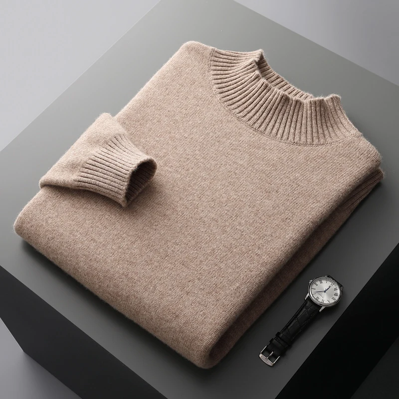 Autumn Winter New 100%Pure Wool Knit Sweater Men\'s Turtleneck Loose Pullover Long Sleeve Casual Tops Warm Bottoming Shirt