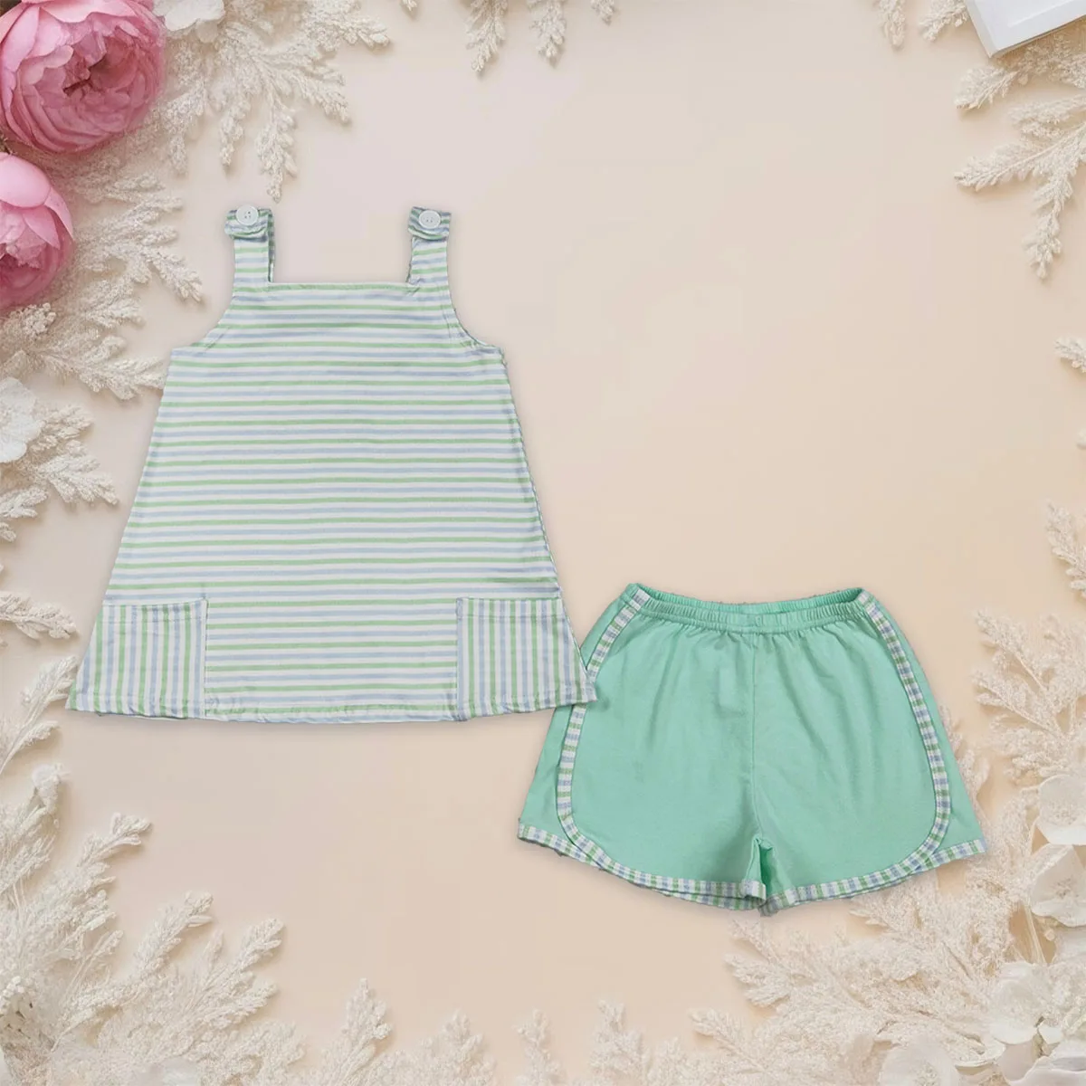 

Baby Girl Strap Green Stripe Pockets Tunic Tops Kids Shorts Clothes Sets Infant Toddler Outfits Children Comfortable Clothing