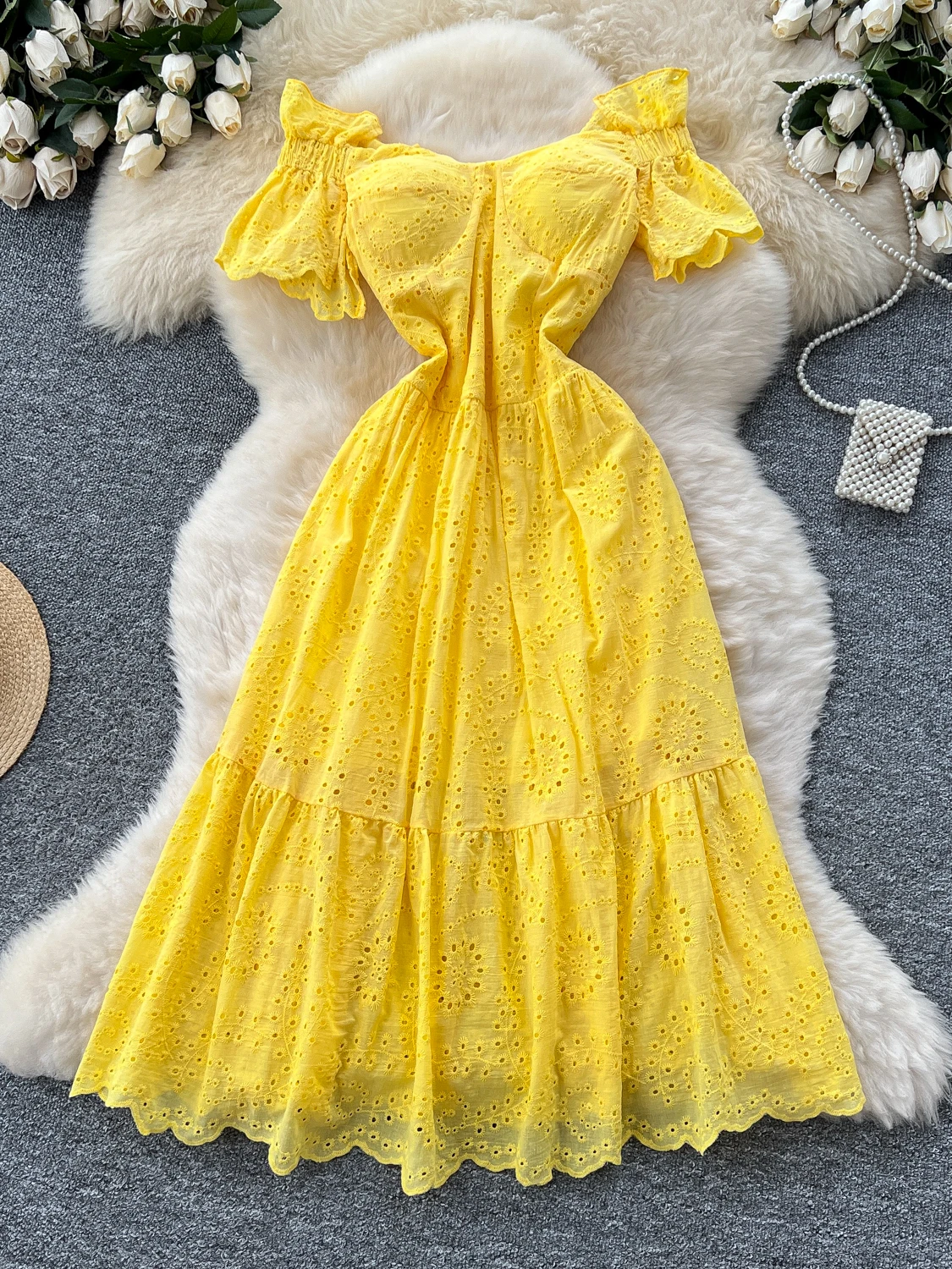 embroidery korean style dress Elegant Hollow out Heavy Work One Shoulder Waist Cinching Long High Waist A-Line Summer Dress peacock prom dresses