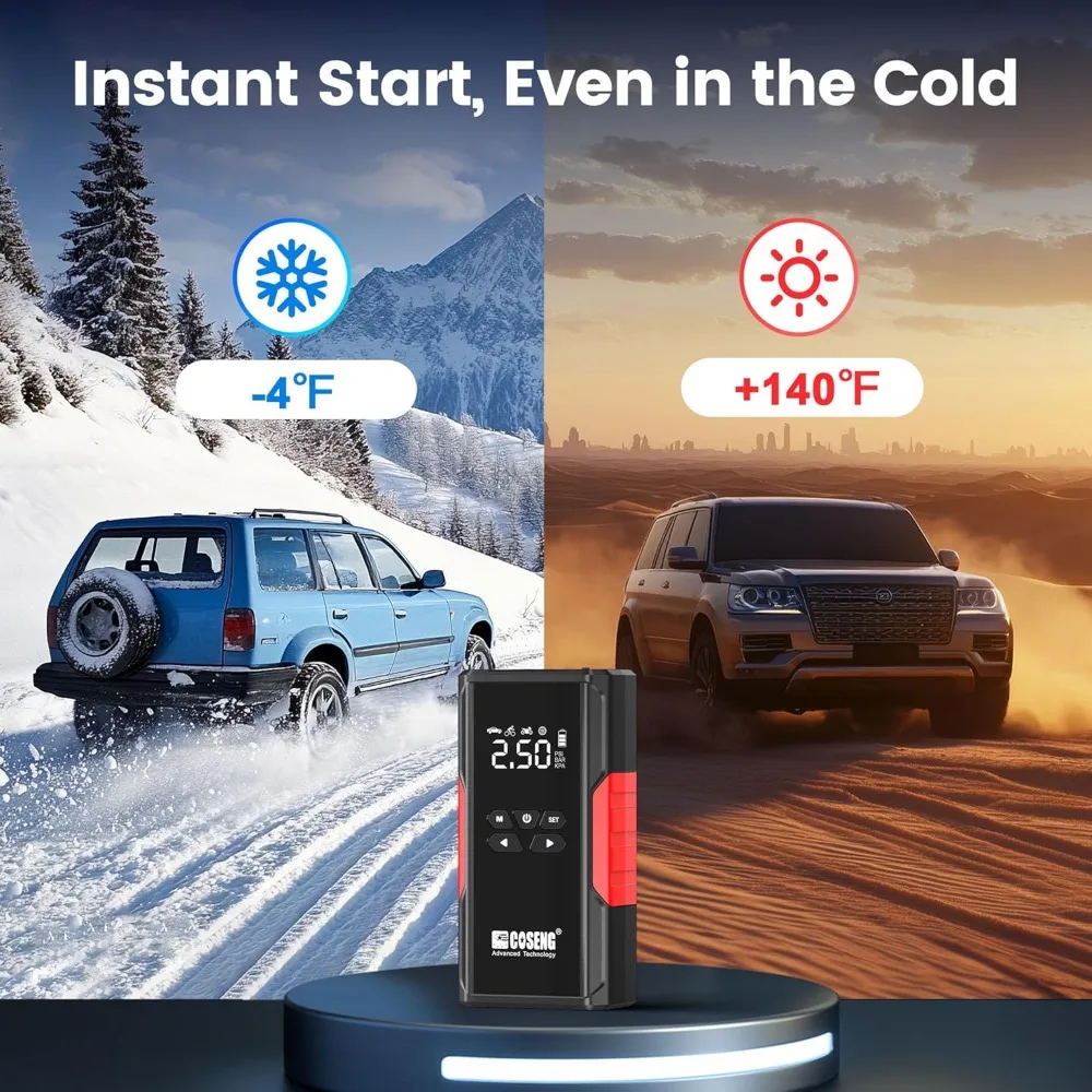 J26 مشغل قفز السيارة المحمول مع ضاغط الهواء، معزز بطارية السيارة 3500 أمبير 12 فولت (جميع محركات الديزل التي تصل إلى 6.0 لتر)، 150 رطل لكل بوصة مربعة T