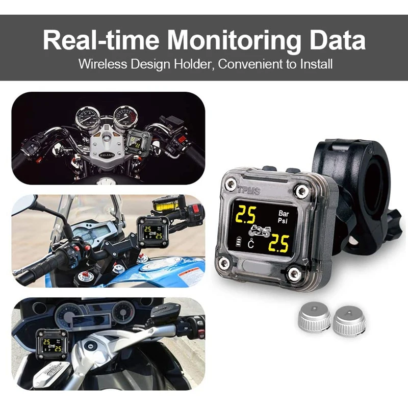 Motocicleta pneu pressão monitoramento sistema, sistema tpms, externo 2 sensor, pneu pressão medidor testador, colorido