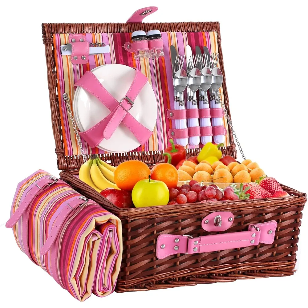 Wicker Picnic Basket for 4 with Waterproof Picnic Blanket and Insulated Cooler