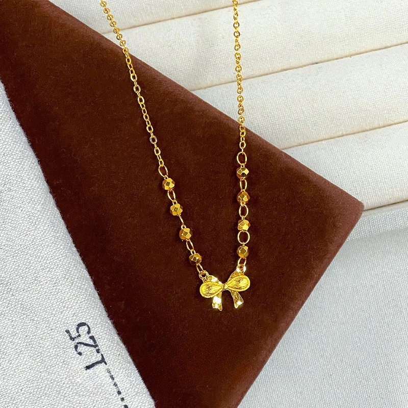 

Pure 18 K Gold Color Sweet Bow Pendant Necklace for Women Wedding Birthday Valentine's Day Necklace Chain Jewelry Gifts