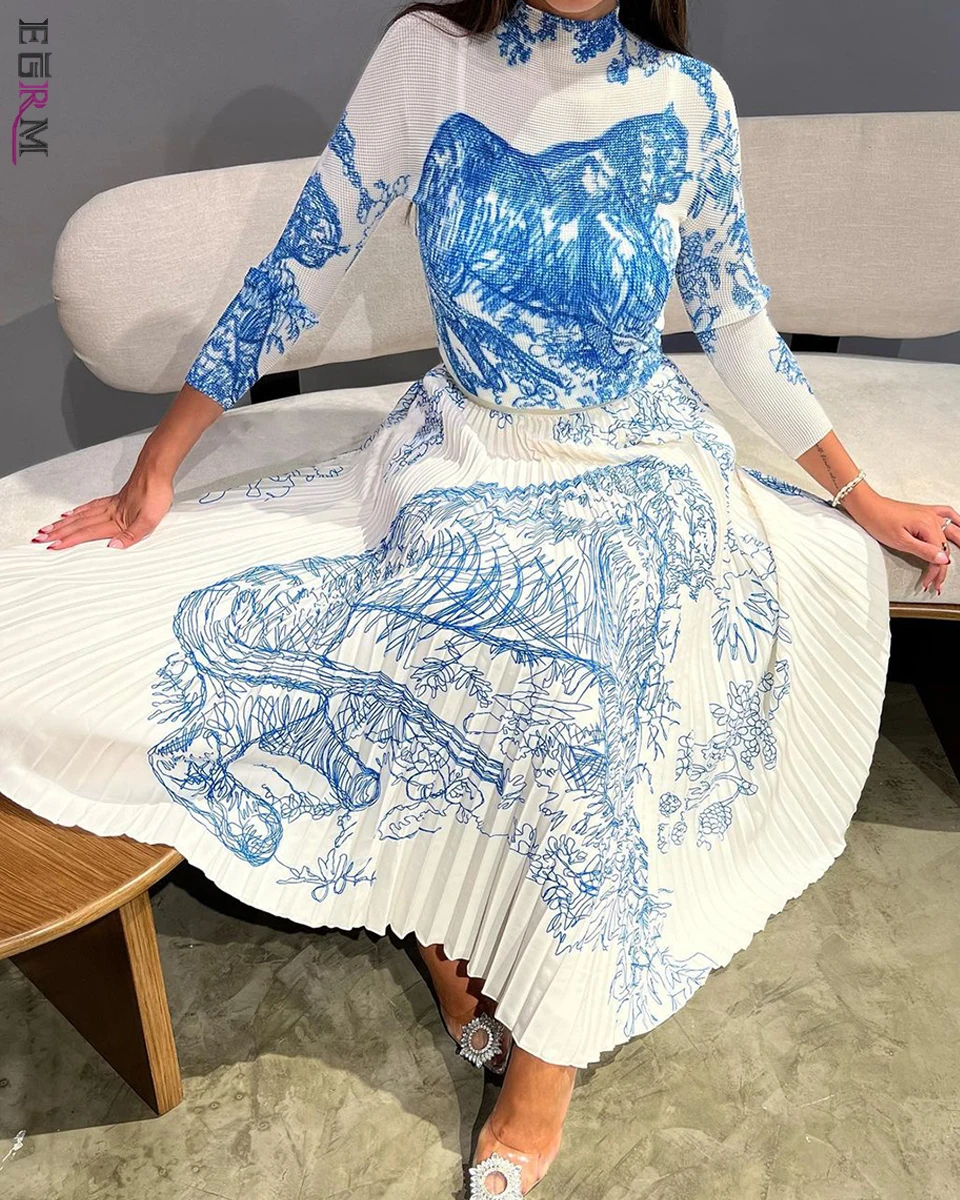 

EGRM Miyake Pleated Set for Women 2023 New Fashion Print Half High Collar Full Sleeve Top and Folds Skirt Two-Piece Sets 8GR2619