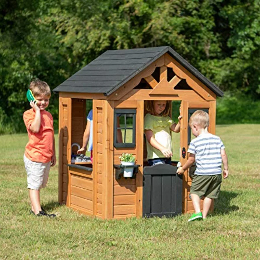 Outdoor kids playhouse cottage: cedar wood, natural color, durable weather-resistant construction with play kitchen, snack bar,