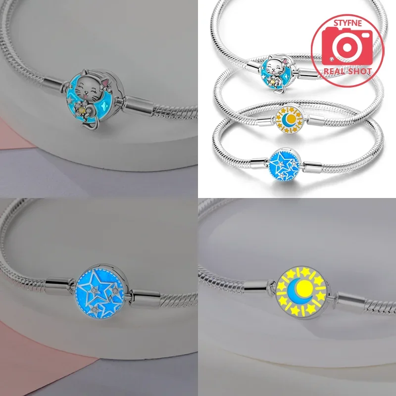 Real S925 Silver Original 17-20CM Global Star Sun&moon Bracelet Series Bracelets for Women Fit DIY Charms Fine Jewelry Gifts