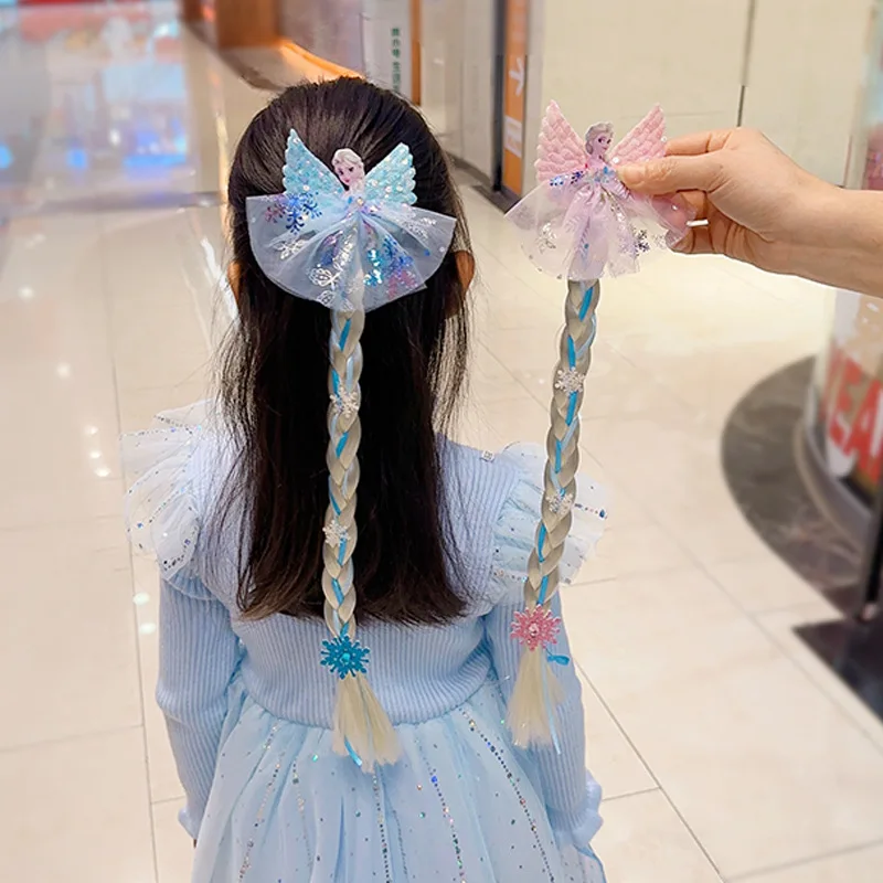 New Disney Frozen Princess Headwear Cute Cartoon Princess Elsa Winged Tassels Wig Braid Hair Clips for Baby Girls Hair Accessory