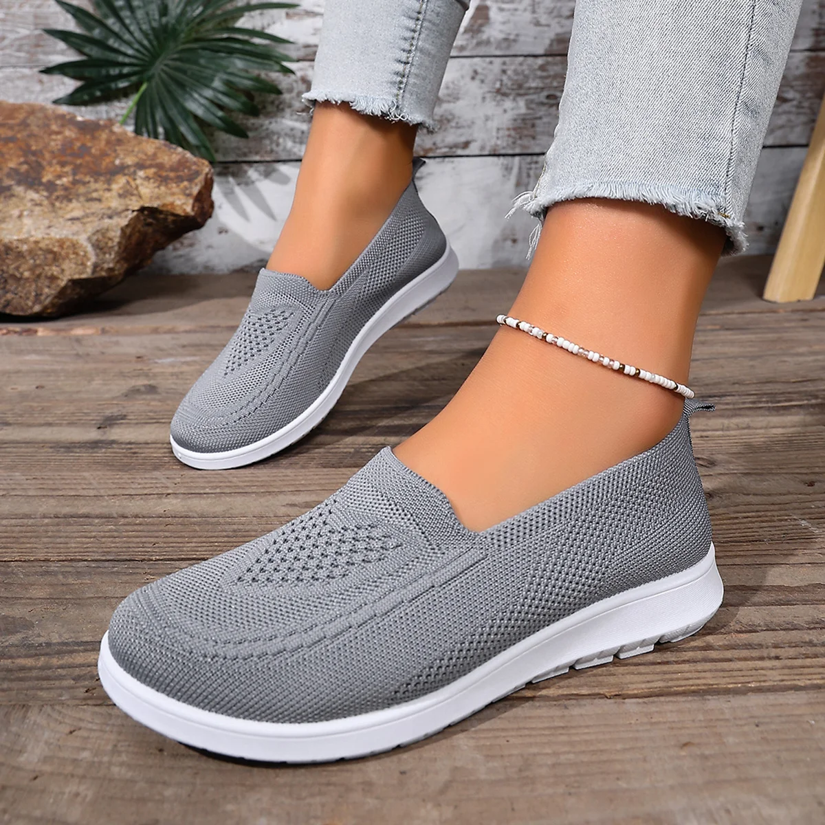 Leichte Damen-Strick-Flachschuhe, Slip-On-Sneaker, atmungsaktive Low-Top-Turnschuhe, Wanderschuhe mit hohler, weicher Sohle – Detail 10