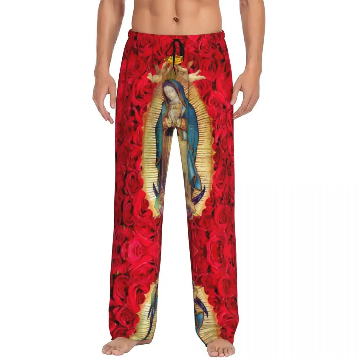 Custom Men Guadalupe Virgin Mary With Flowers Pajama Pants Printed Catholic Sleep Sleepwear Bottoms with Pockets