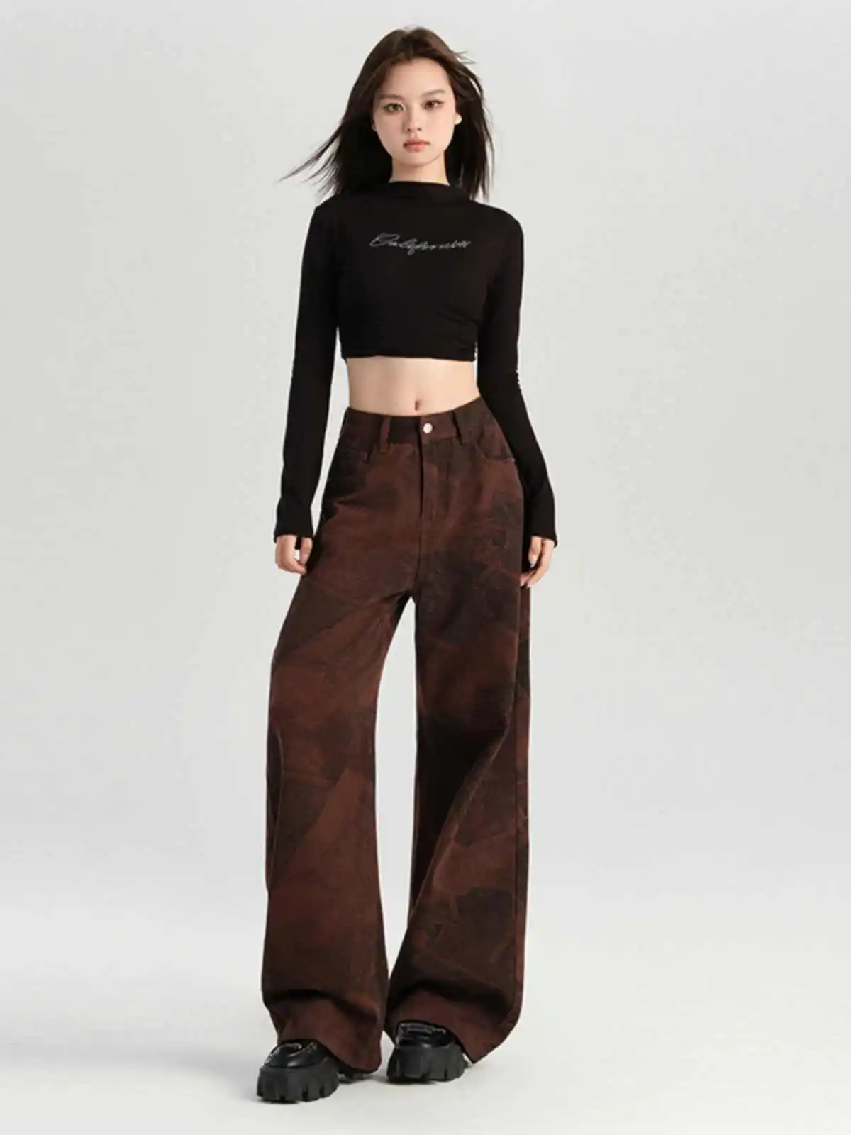 

Black Womens Jeans High Waist Vintage Design Hip Hop Straight Baggy Denim Pants Street Y2K American Style Wide Leg Denim Trouser