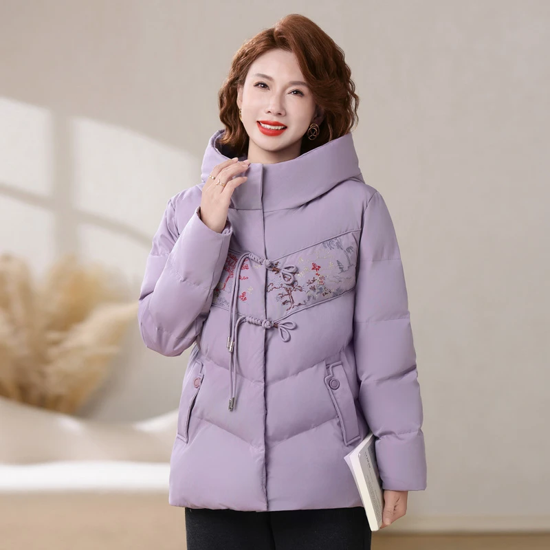 

Короткая хлопковая куртка в китайском этническом стиле для мам среднего возраста, зимнее женское утолщенное зимнее пальто на пуговицах с вышивкой