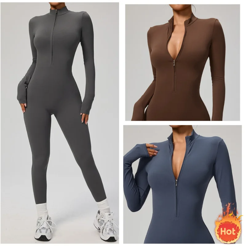 

Женский цельный комбинезон для йоги на зиму и осень, леггинсы с длинными рукавами, теплые лыжные комбинезоны, верхняя одежда, высокоэластичное велосипедное боди