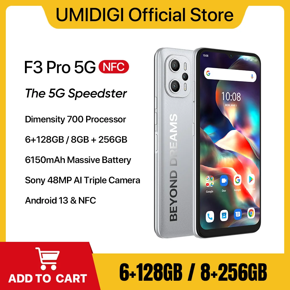 Telefono UMIDIGI F3 PRO 5G, smartphone Android 13, Dimensity 700, display da 6,6" 8 GB 256 GB, tripla fotocamera da 48 MP, telefono cellulare da 6150 mAh