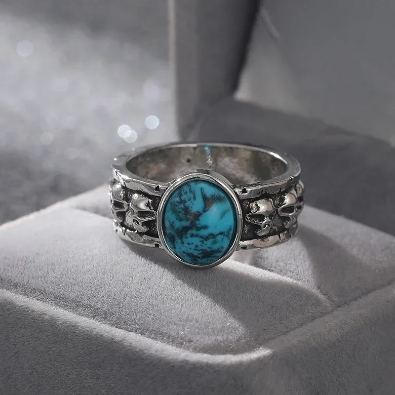 

Silver Color Natural Blue Stone Ring Fashion Jewelry Gift Punk Men's Finger Rings for Husband Wedding Anniversary Accessories