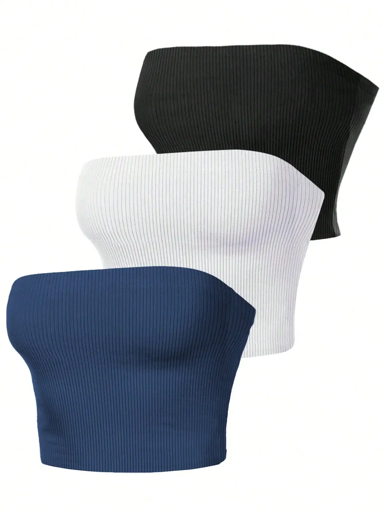 3Pcs Women Ribbed Tube Tops Strapless Bandeau Crop Top Sleeveless Solid Color Basic Wrap Chest Casual Daily Crop Vest