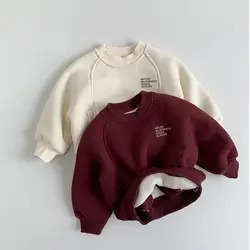 2025 Winter New Children Plus Velvet Thick Sweatshirt Girls Letter Print Pullover Sweatshirt Boys Fleece Warm Tops Kids Clothes