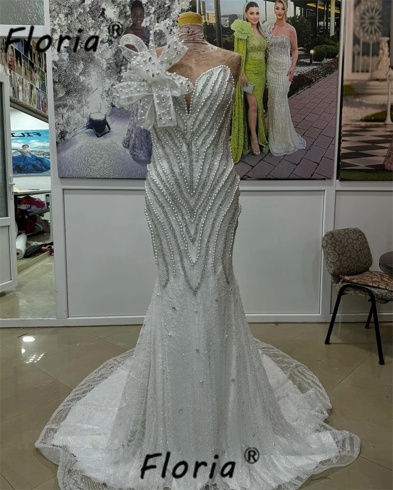 2025 Arabic Ivory Pearls Mermaid Elegant Beaded 3D Flower Customized Evening Dress Luxury Crystal Dubai Wedding Party Dresseses