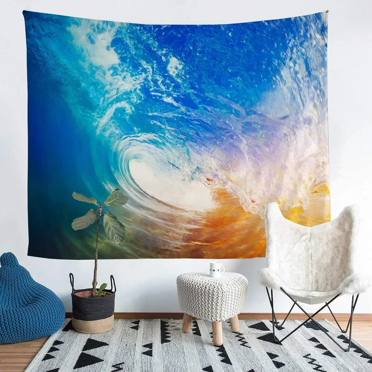 Blue Sea Waves Landscape Tapestry Cool Summer Nature Simple Aesthetic Tapestry Wall Hanging Decor for Bedroom Living Room Dorm