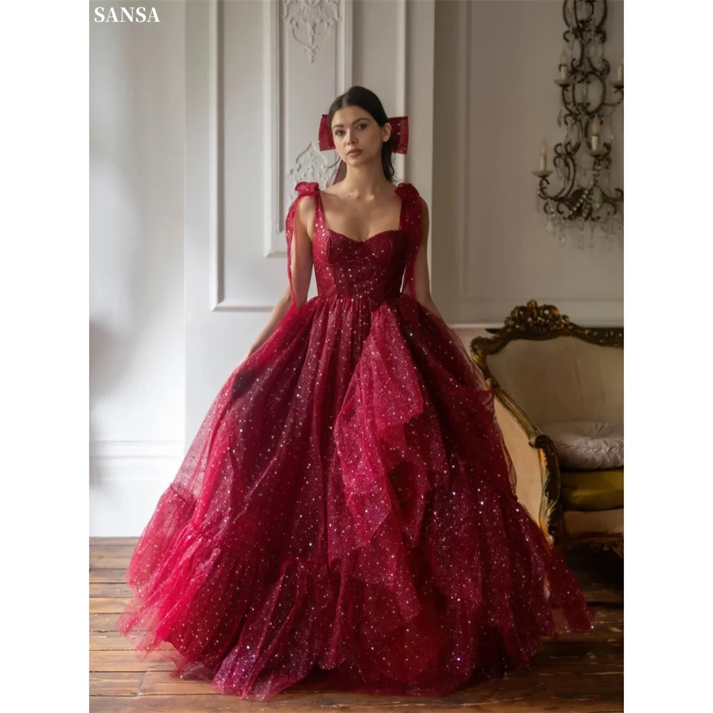 

Sansa Customized Burgundy Sweetheart Gliiter Prom Dress Bow Straps Ball Gown Vestidos De Noche Floor-Length Evening Dresses 2025