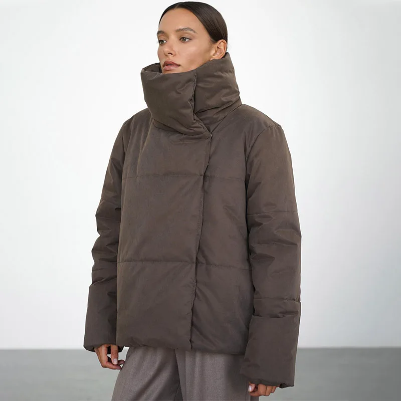 TARUXY High Collar Concealed Button Cotton Coat Women's Fashion Solid Pocket Long Sleeves Coat Winter New Casual Clothing Female