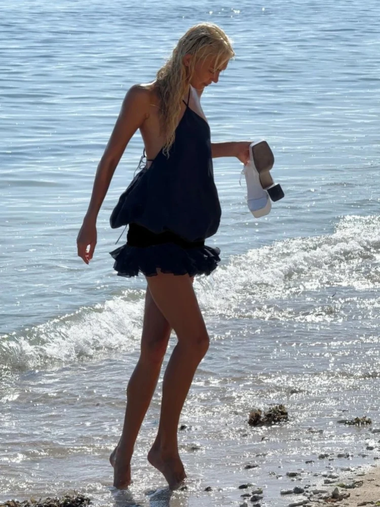 Mini robe noire à lacets et volants irréguliers pour femmes, col licou, Sexy, sans manches, dos nu, ligne a, Y2K, fête, Cocktail, Clubwear