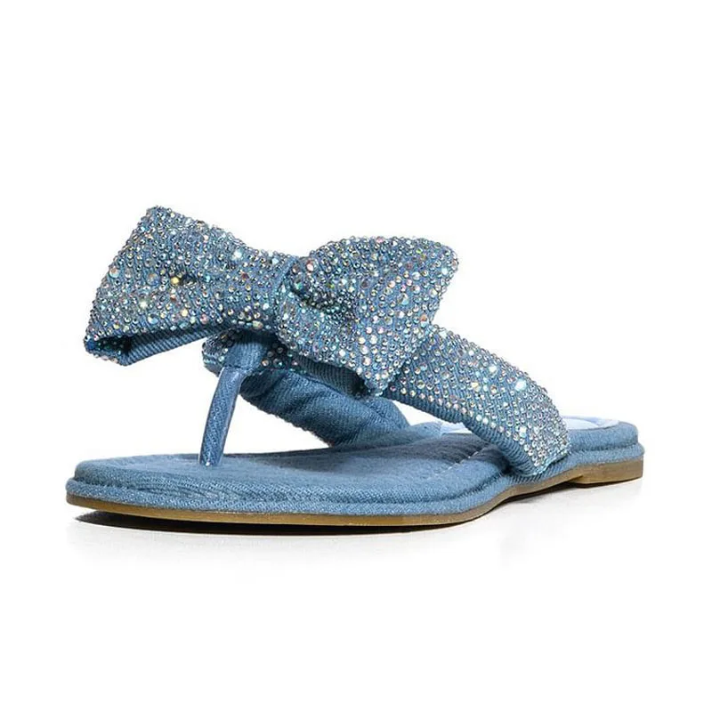 Blue Denim Crystal Bow Knot Thong Toe Flat Slipper for Women Rhinestone Butterfly Knot Leisure Cowboy Slide  Zapatillas Mujer