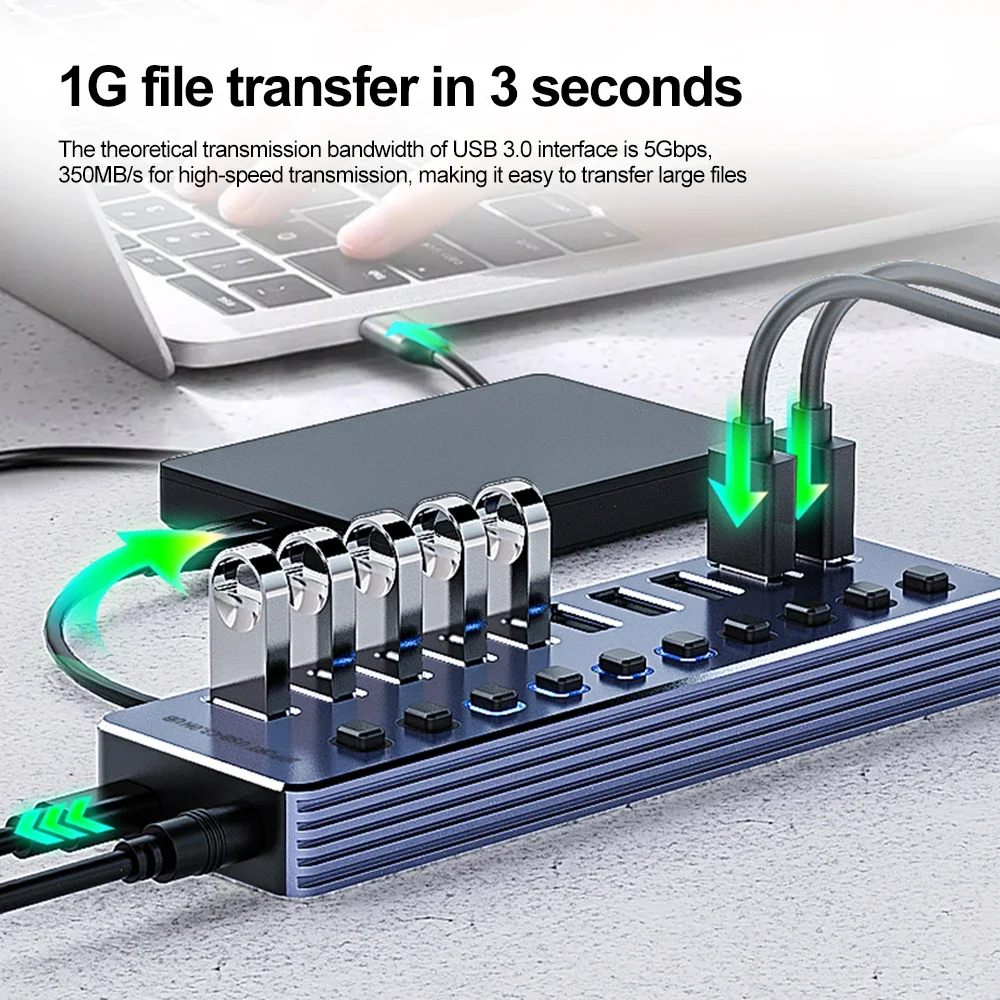 10/7 in 1 Powered USB HUB USB 3.0 Interface Individual Switch Heat Dissipation with On/Off Switches 12V Power Adapter for Laptop view 2