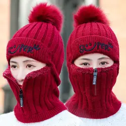 Gorro de punto de felpa para mujer, protección auditiva cálida, edición coreana, con cremallera, una pieza, jersey de montar, invierno, nuevo