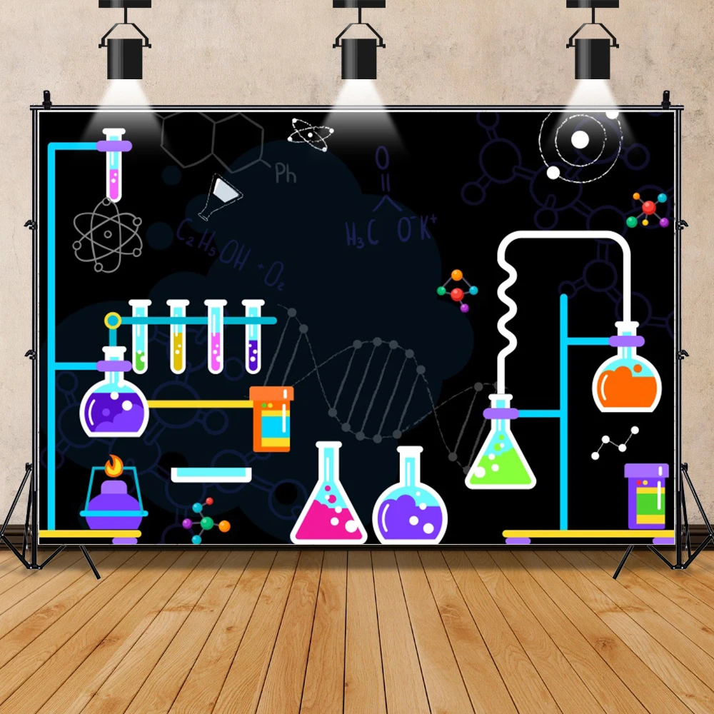 Fondo de fotografía de laboratorio de química, elementos científicos divertidos, fórmulas, símbolos de matemáticas, microscopio, fondo escolar, accesorios de estudio fotográfico