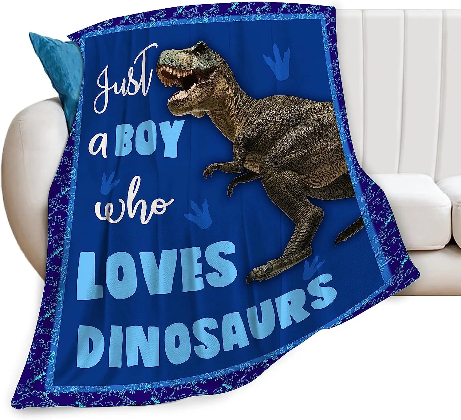 

Dinosaur Blanket for Boys Just A Boy Who Loves Dinosaurs Throw Blanket Super Soft Flannel Cozy Blue Cute Dino Blanket