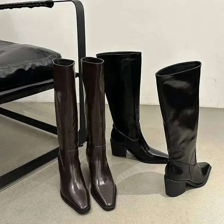 حذاء برقبة للركبة رعاة البقر الغربية بوتا المرأة أشار تو أسود بولي Leather جلد كتلة كعب أحذية راعية البقر