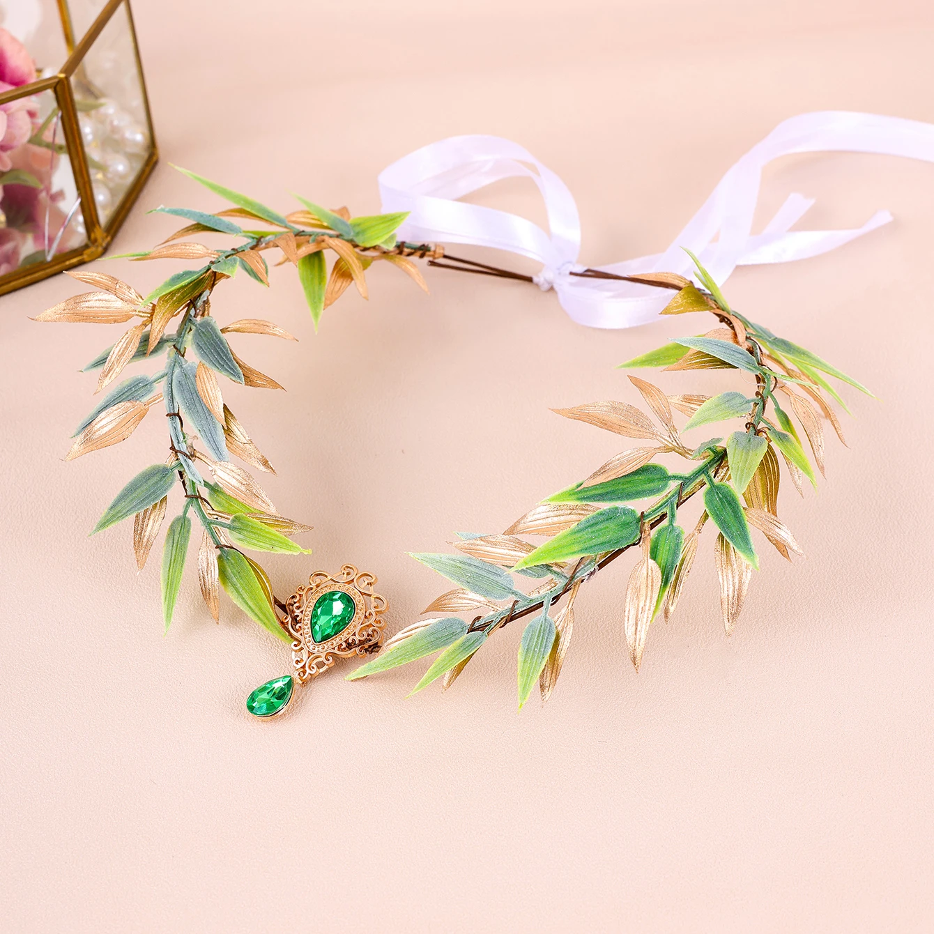 Retro Fairy Leaf Rhinestone Headband Elf Ears Woven Forest Garland Tiara Girl Elven Headpiece for Role-playing Party Costume image 5