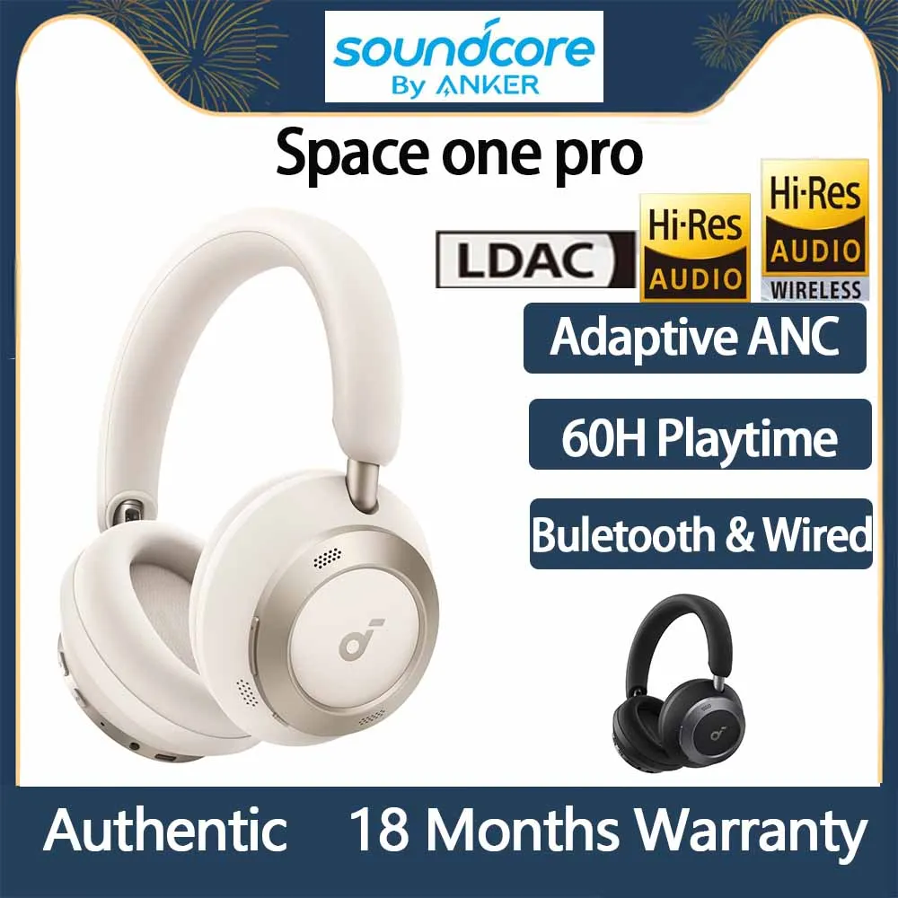 Soundcore Space One Pro by Anker, Adaptive Active Noise Cancelling Headphones Driven by 6 Mics, Super Foldable Design, 60H A3062