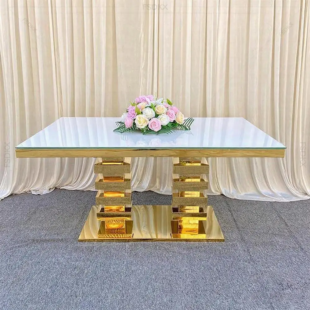 

Wholesale Contemporary Design Mirror Glass Top Dining Table Hotel Golden Stainless Steel Table for Wedding Party
