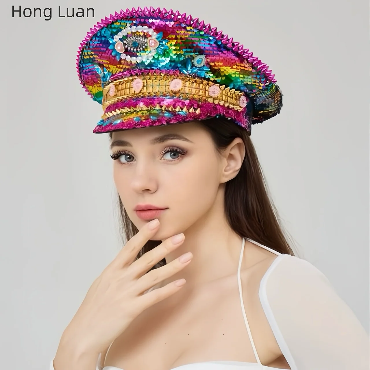 Kolorowy kapelusz na Halloween HongLuan, kapitańskie czapki z dżetami na festiwal Burning Man dla kobiet, akcesoria do cosplay dla kobiet