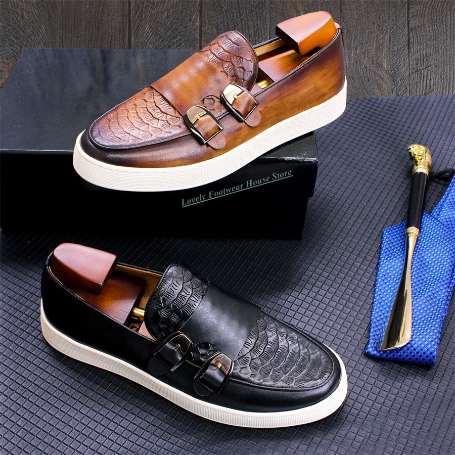 Men's Luxury Genuine Leather Crocodile Print Single Shoes Comfortable Slip On Buckle Decoration Male Vintage Spring Autumn Shoes