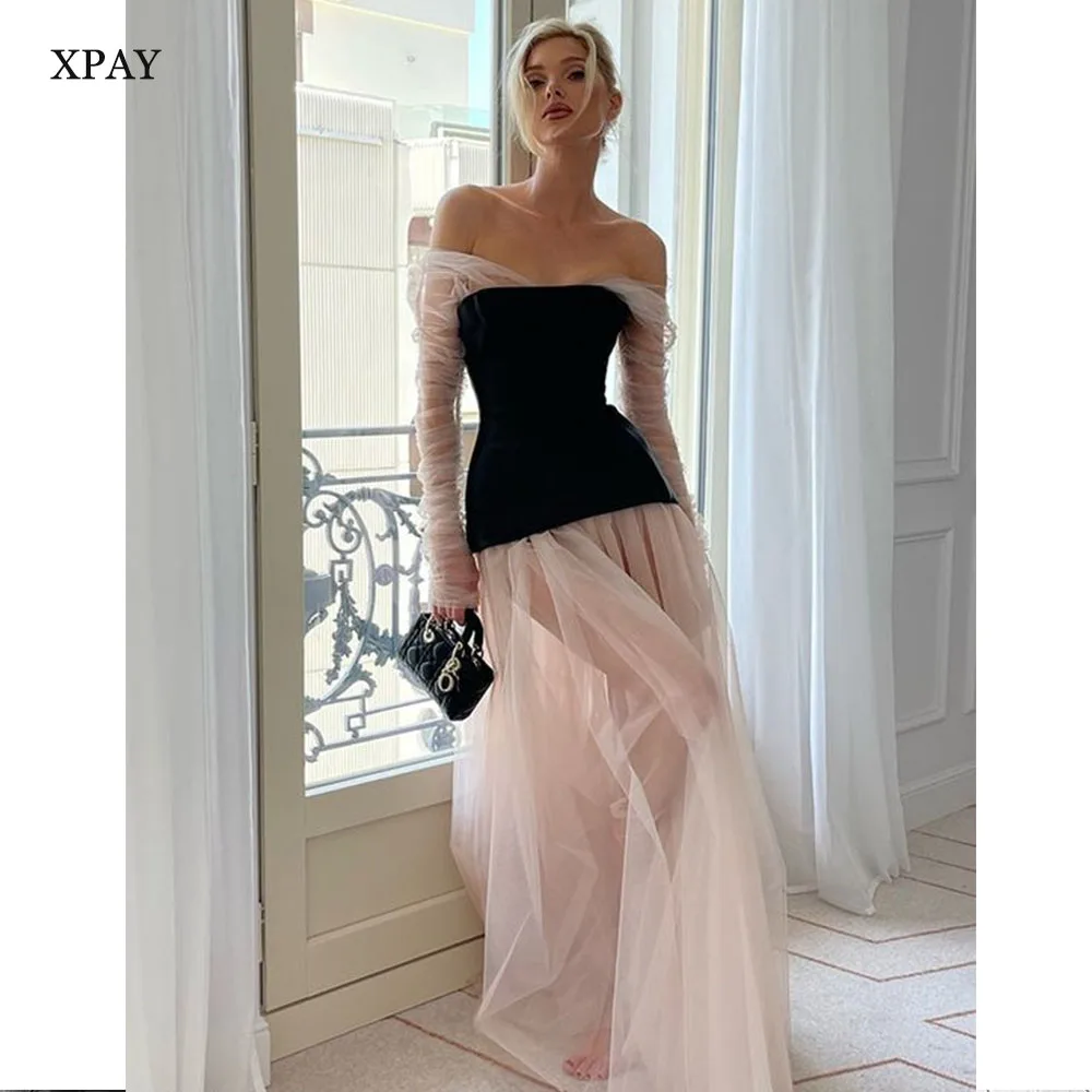 XPAY Formal Evening Party Dresses Elegant Off the Shoulder Full Sleeves robes de soirée Contrast Color Gorgeous Prom Gown