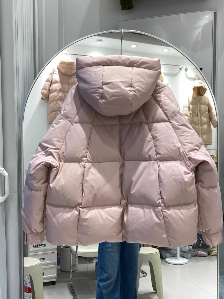 2025 신상 여성용 후드 스퀘어 버클 브레드 다운 자켓 패션 캐주얼 90% 화이트 덕 오버코트 겨울 아우터