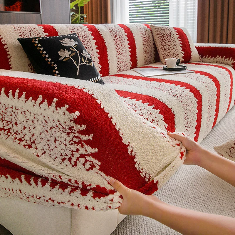 All-inclusive red Christmas sofa cover with a festive atmosphere, anti-cat scratch elastic protective cover