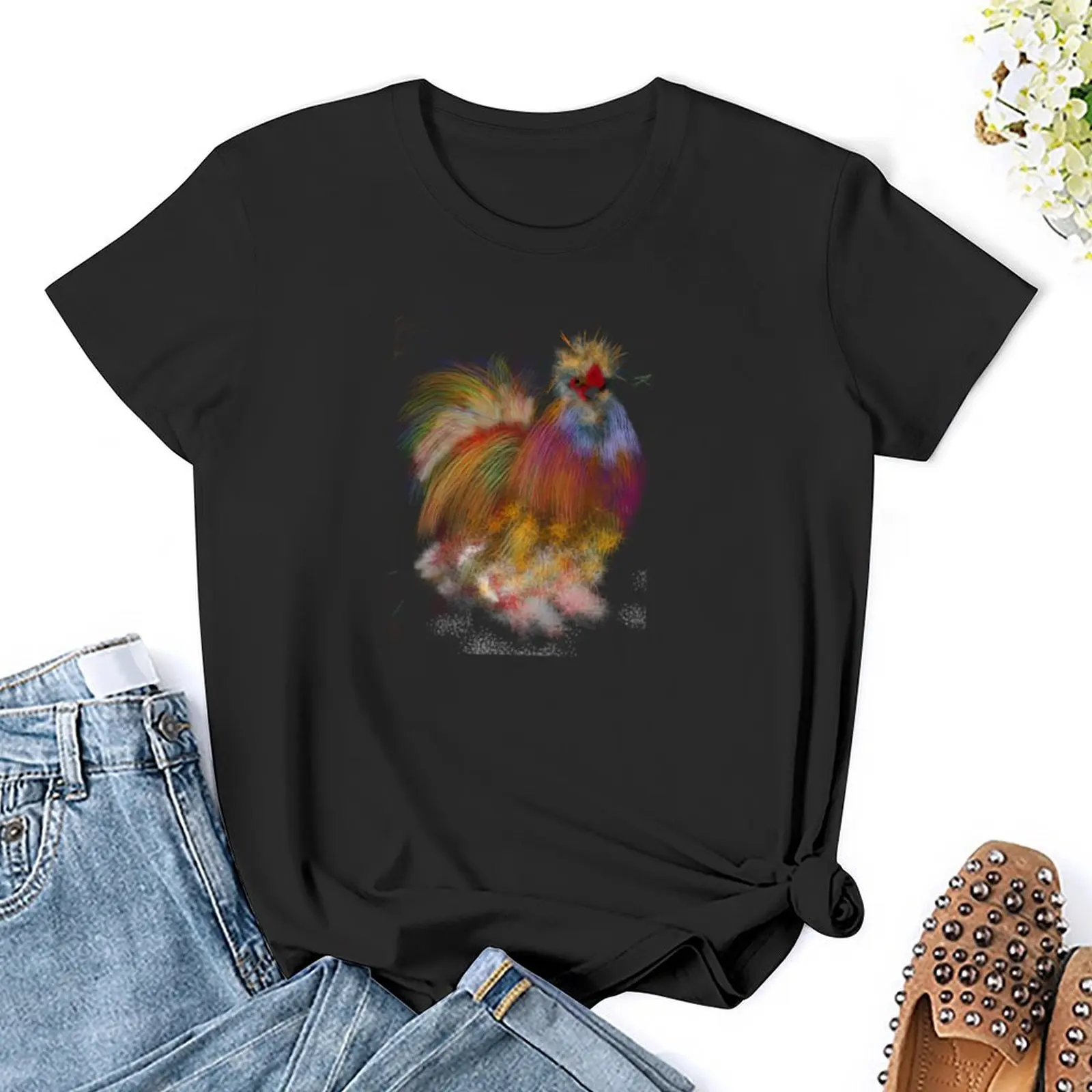 Camiseta de colores de pollo Silkie para mujer, camisetas lindas, ropa de verano