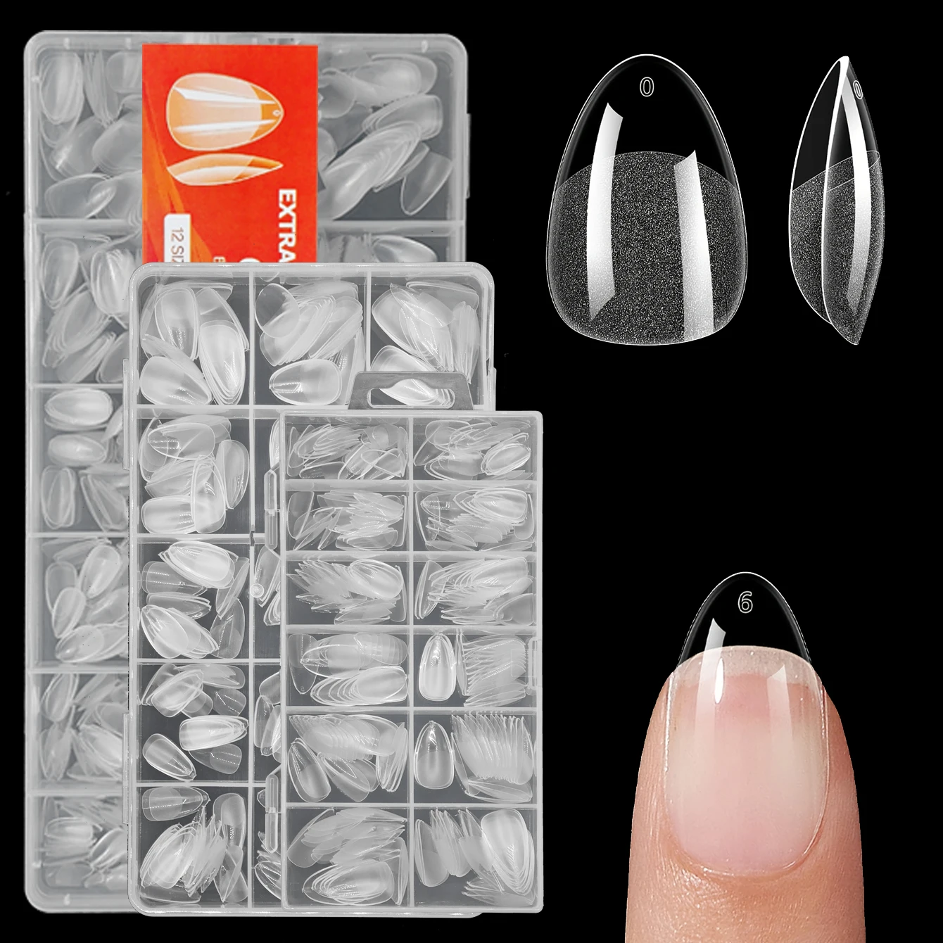240/330/600pcs Ultra-Short Almond Nail Tips - Soft Gel, Half Matte Finish, Clear Gelly Press-Ons for DIY & Salon Manicures, 12/1